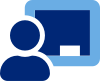 Blue icon of a person in front of a chalkboard