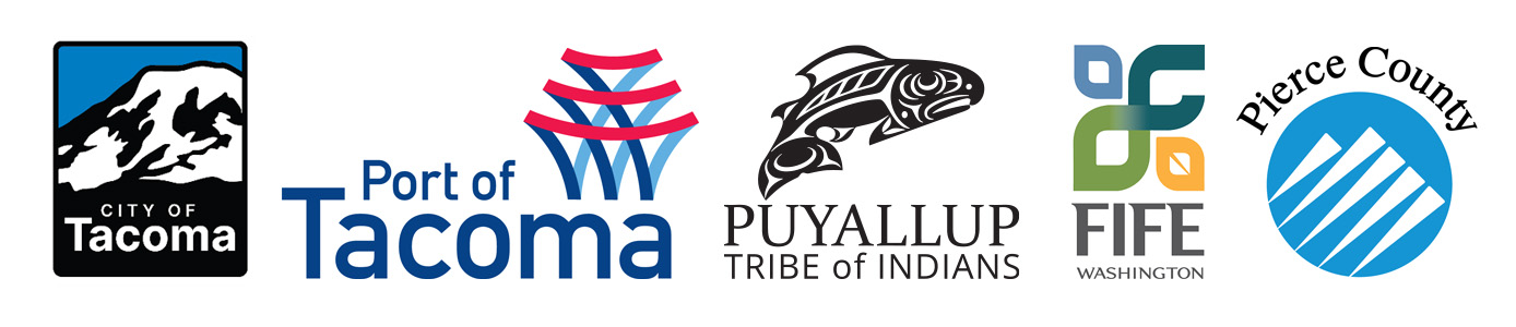 A group of logos for the City of Tacoma, the Port of Tacoma, the Puyallup Tribe of Indians, the City of Fife and Pierce County.
