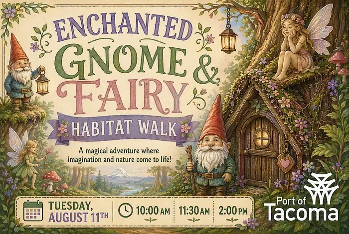 Flyer for the Enchanted Gnome and Fairy Habitat Walk on Tuesday, August 11 at 10:00, 11:30 a.m. and 2:00 p.m.