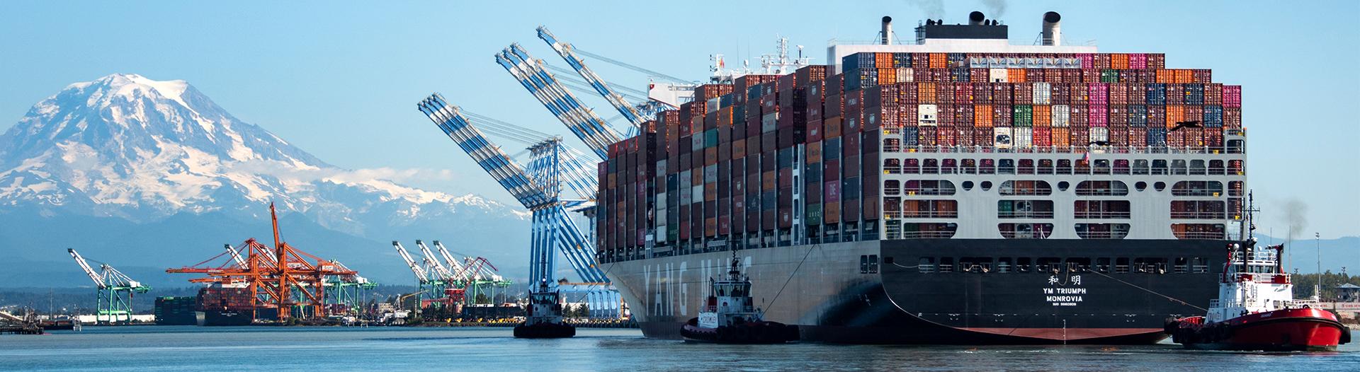 photo of container ship approaching a port