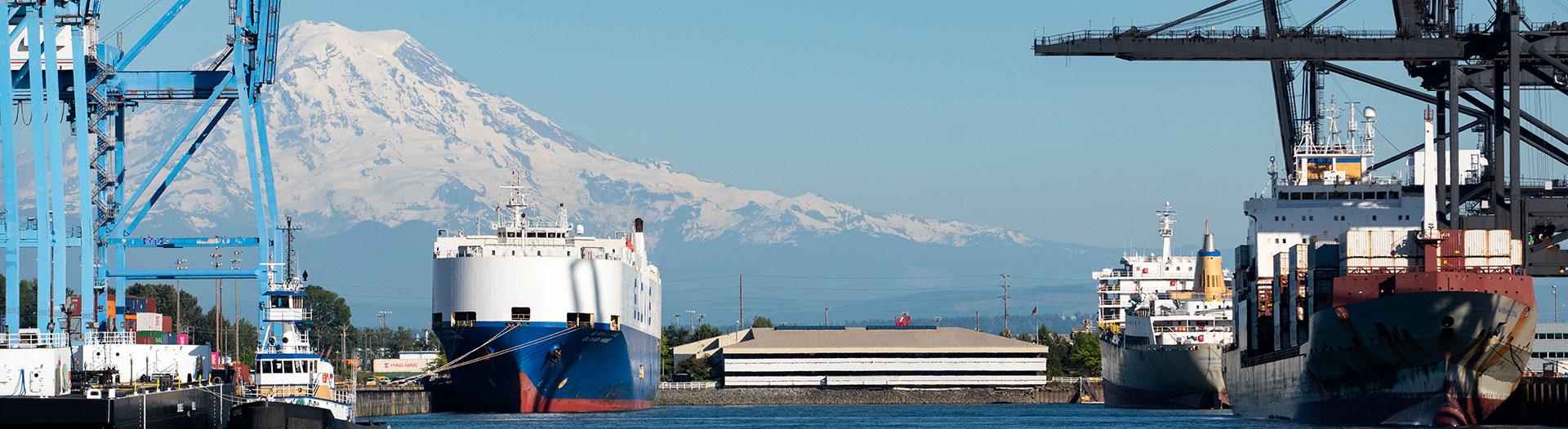 a picture of a ship and container cranes in front of a mountain