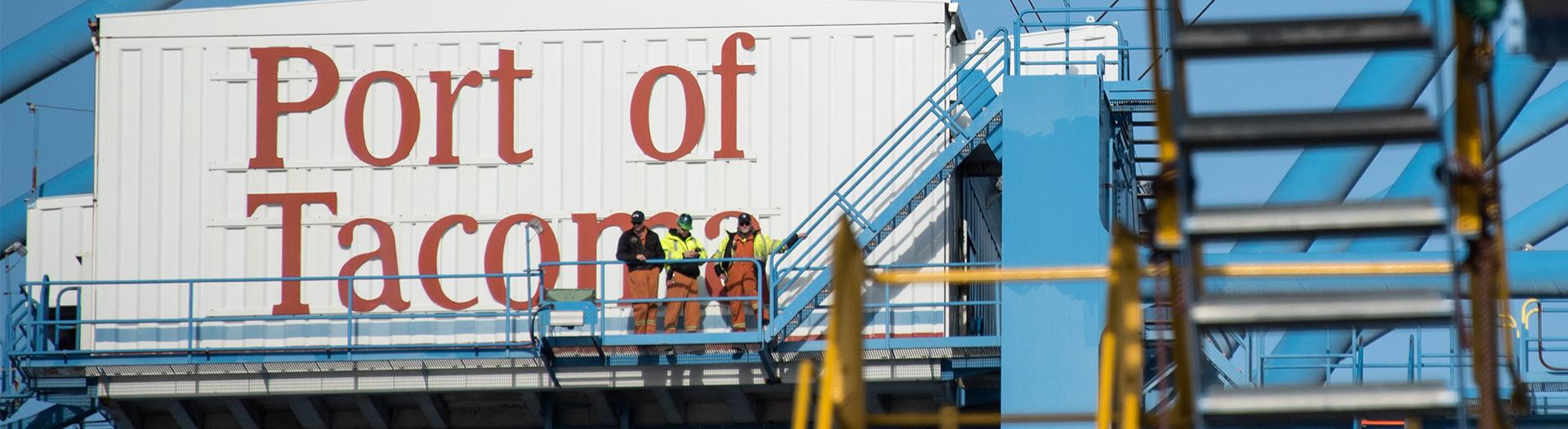 photo of people standing on a container crane