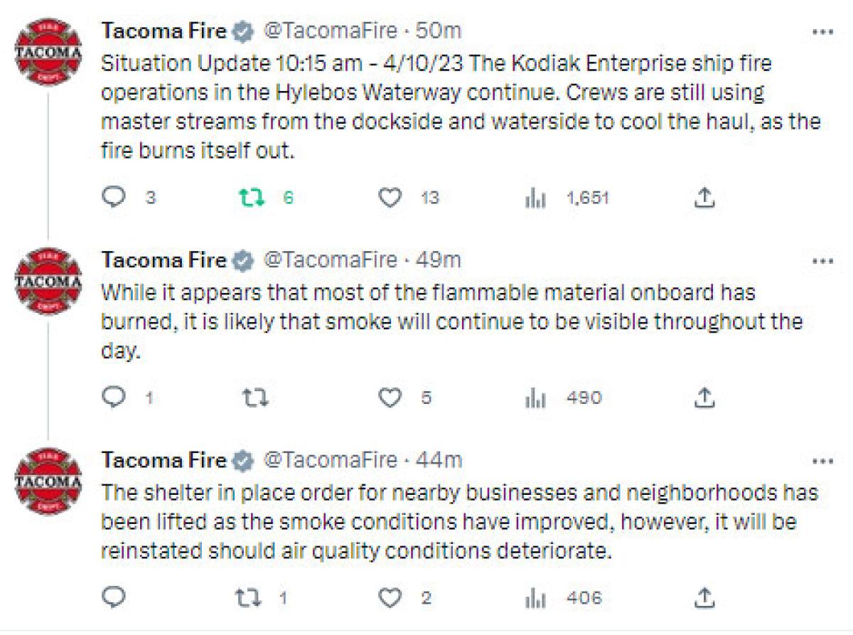 Twitter update on vessel fire from Tacoma Fire Department