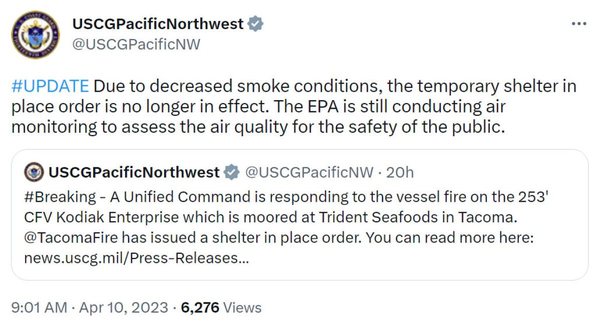 U.S. Coast Guard Update on Trident Vessel Fire
