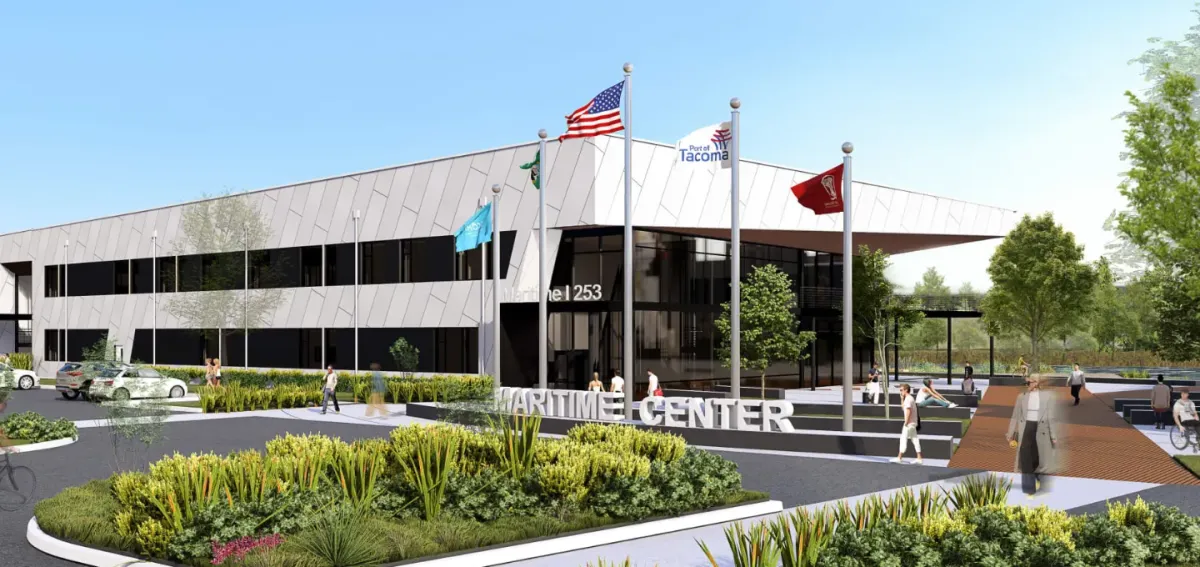 Digital rendering of the front entrance to the new Maritime|253 skills center