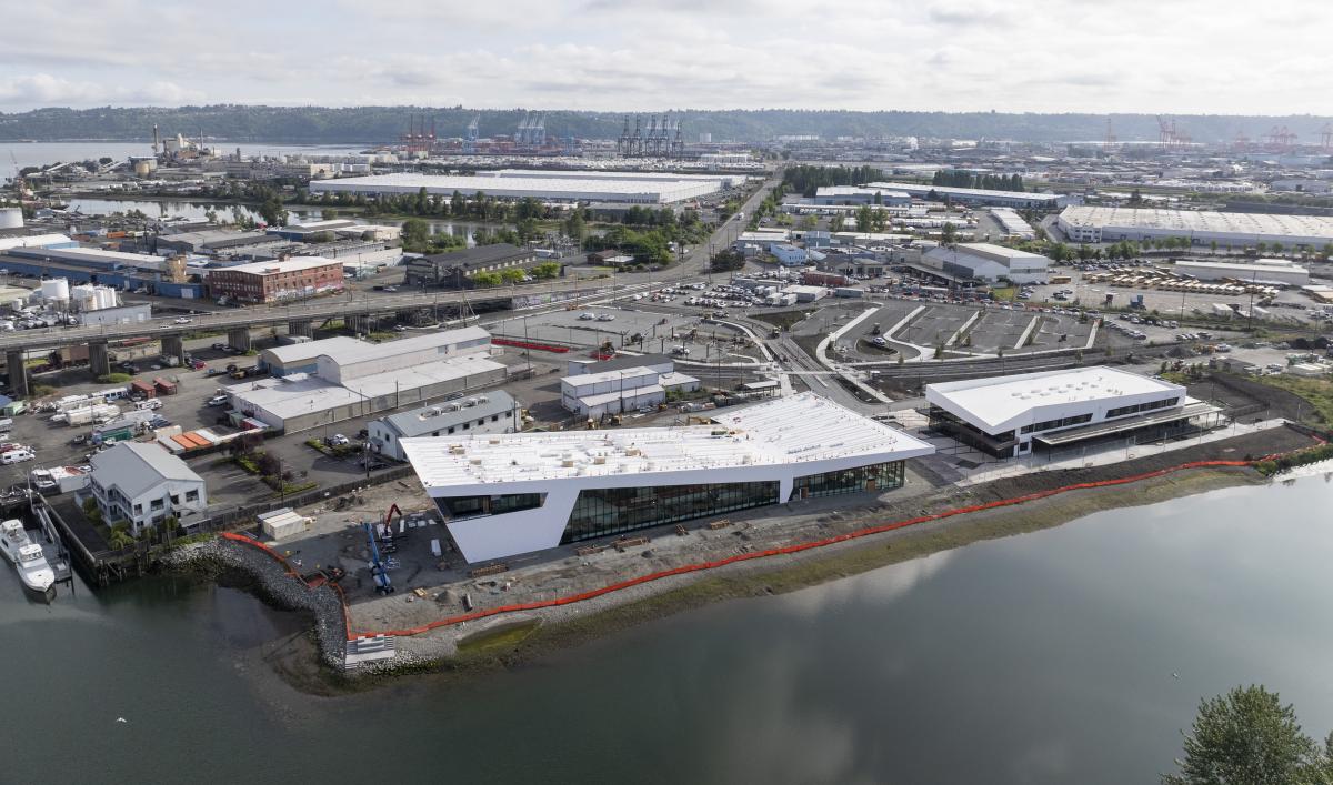 Aerial image of the new Maritime Center campus along the Foss Waterway.
