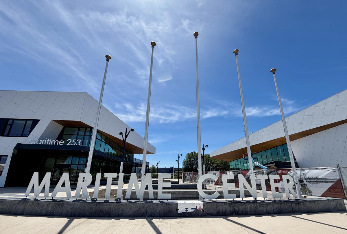 Maritime Center sign in front of the new building.
