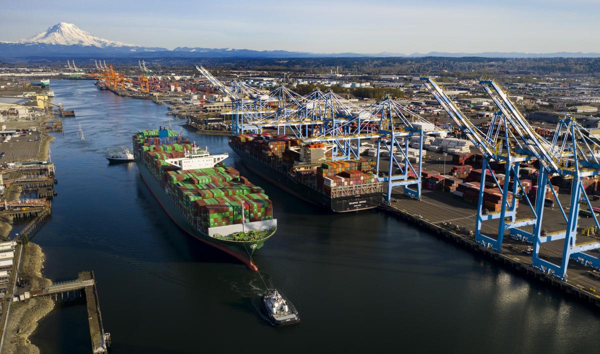 A ship moving through the Blair Waterway.