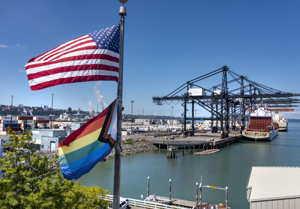Pride Flag flies over the Port of Tacoma 2023