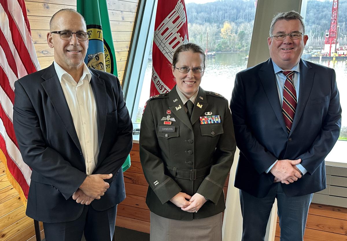 NWSA CEO John Wolfe, USACE-Seattle District commander Col. Kathryn Sanborn, and Port of Tacoma Executive Director, Eric Johnson