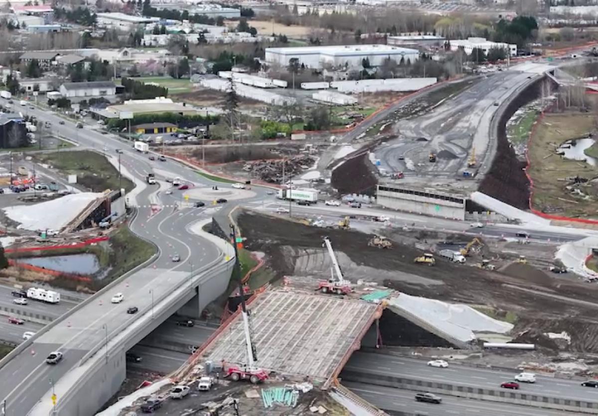 An overhead view of the State Route 167 highway construction.