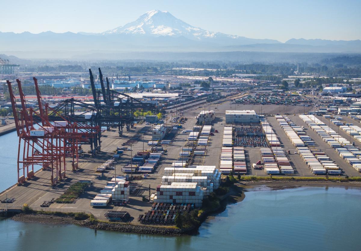 Drone shot of the West Sitcum Terminal on a sunny day with Mt. Rainier in the background